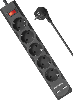 Сетевой фильтр Defender DFS 753 5 розеток, 3 м (защита от ВЧ и импульсных помех, USB зарядка 2.1А)